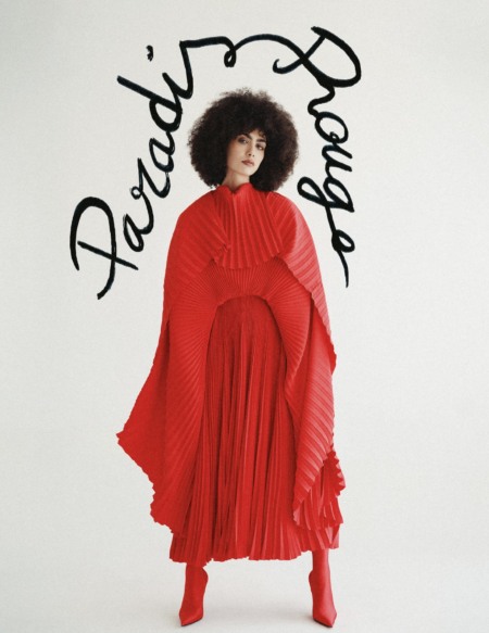 Haya, Magazine, editorial, fashion, red, Balenciaga, dress